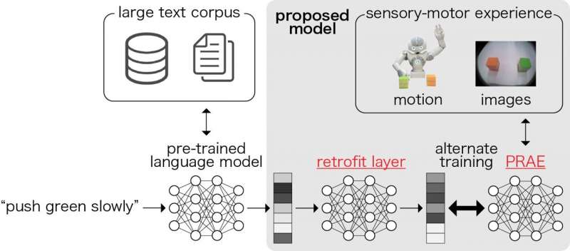 An artificial neural network to acquire grounded representations of robot actions and language